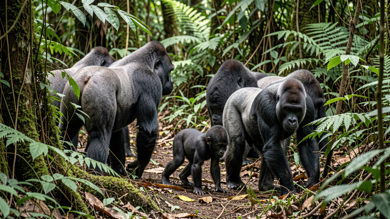 Groupe de gorilles des plaines de l’Ouest se déplaçant dans une forêt dense et verdoyante du bassin du Congo, sous une lumière naturelle douce.