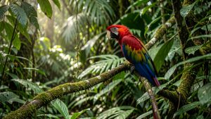 Ara rouge perché sur une branche couverte de mousse au cœur d’une forêt tropicale dense du Chiapas, dans une ambiance paisible de conservation.