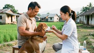 Un chien calme est tenu par son propriétaire pendant qu’une vétérinaire vaccine l’animal dans un village rural.