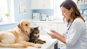Un chien et un chat calmes dans un cabinet vétérinaire lumineux, tandis qu’une propriétaire consulte un devis d’assurance santé animale avec le vétérinaire.