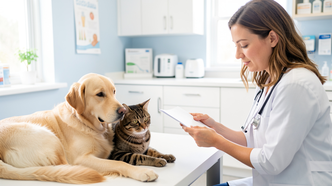 Un chien et un chat calmes dans un cabinet vétérinaire lumineux, tandis qu’une propriétaire consulte un devis d’assurance santé animale avec le vétérinaire.