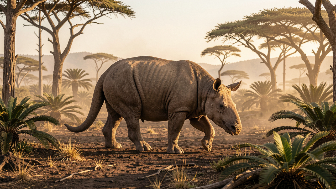 Reconstitution scientifique réaliste d’un dicynodonte herbivore du Trias moyen broutant dans une plaine ancienne de Tanzanie, entouré de conifères, de fougères et de cycas.
