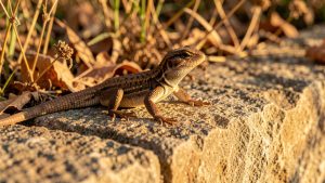 Lézard des murailles brun prenant le soleil sur un muret en pierre dans un jardin naturel avec des feuilles sèches.
