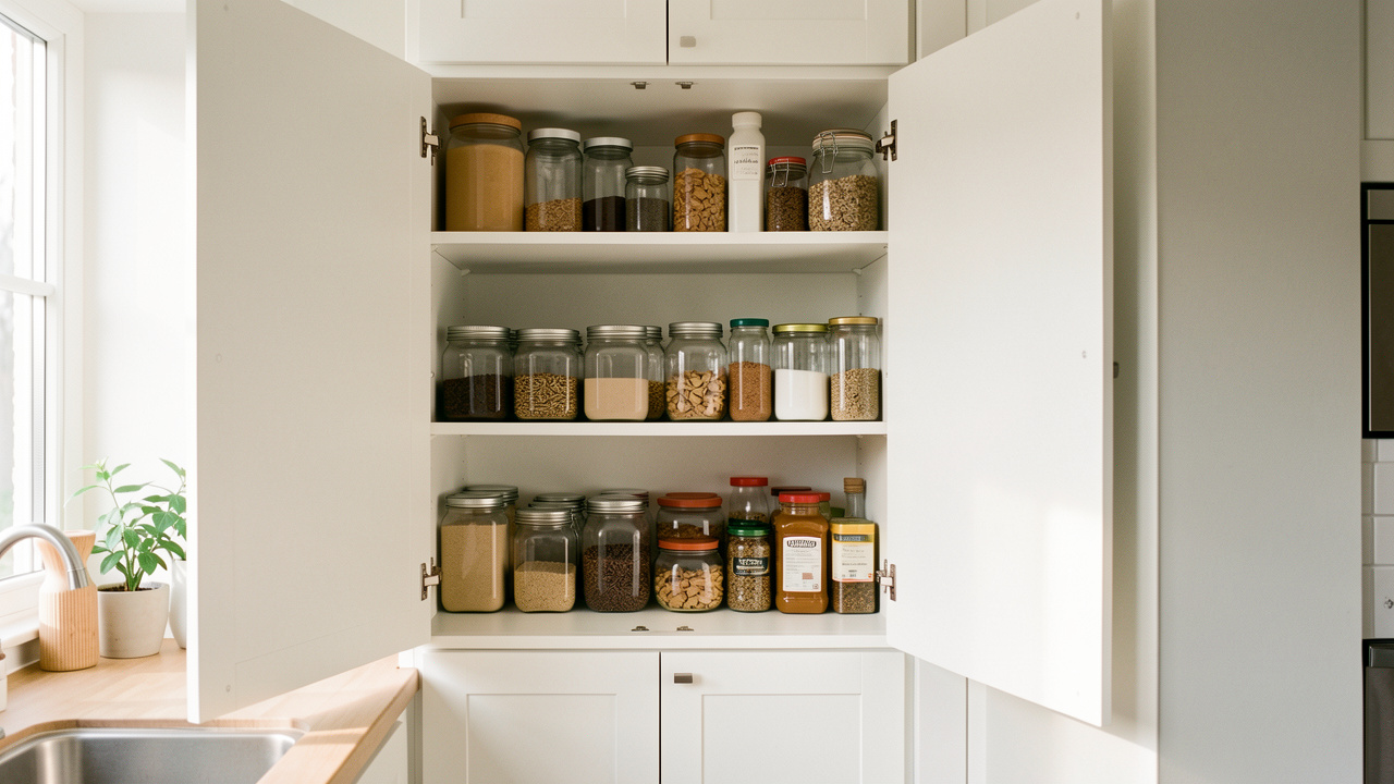 Cuisine lumineuse et bien rangée avec des bocaux hermétiques soigneusement disposés dans un placard propre.