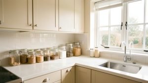 Cuisine lumineuse et propre avec des bocaux hermétiques bien rangés et des joints de fenêtre soigneusement vérifiés.