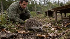 Un soigneur observe discrètement un jeune hérisson dans un enclos naturel de pré-relâcher, sous une lumière douce.