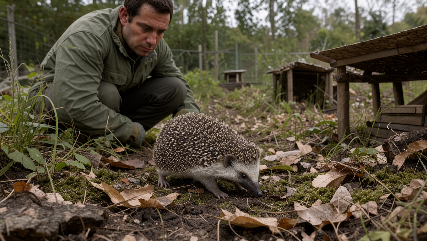 Un soigneur observe discrètement un jeune hérisson dans un enclos naturel de pré-relâcher, sous une lumière douce.
