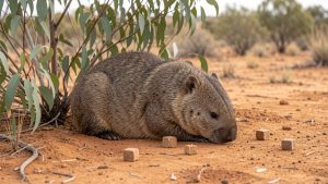 Un wombat commun dans un paysage australien sec, entouré de végétation clairsemée, avec quelques crottes cubiques visibles sur le sol poussiéreux.